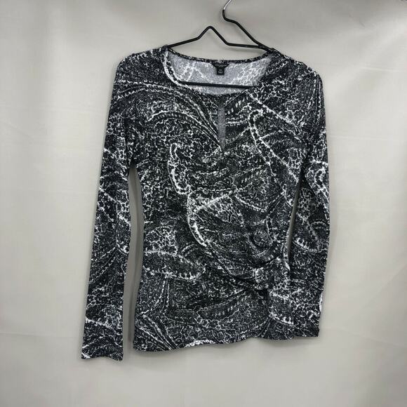 Ann Taylor Women's Keyhole Abstract Print Blouse Top XS Black White Long Sleeve - Picture 4 of 8